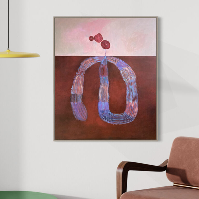 Dual genesis, abstract painting by Jenny Atina in a modern interior setting.