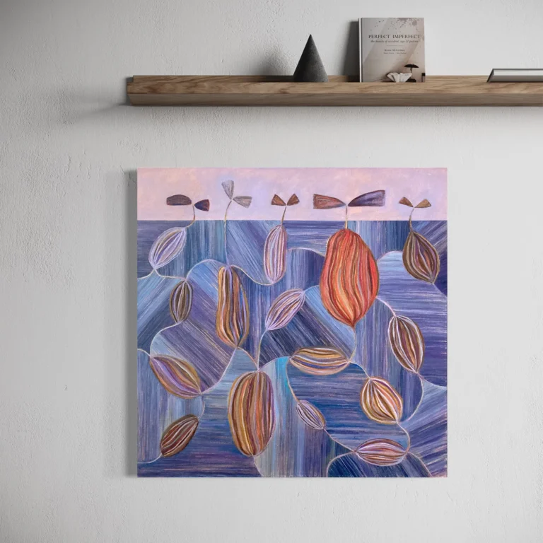 Abstract painting Mother of Earth by Jenny Atina, featuring flowing blue and purple lines with seed-like shapes in earthy tones. Exhibits a calm, organic feel; displayed on a wall in a modern interior setting.