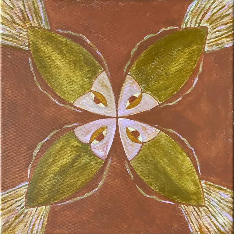 Abstract figurative painting, Pisces Amber by Jenny Atina, with four symmetrical green fish-like shapes on a terracotta background. Each fish has a central eye, creating a serene, mystical, balanced feel.