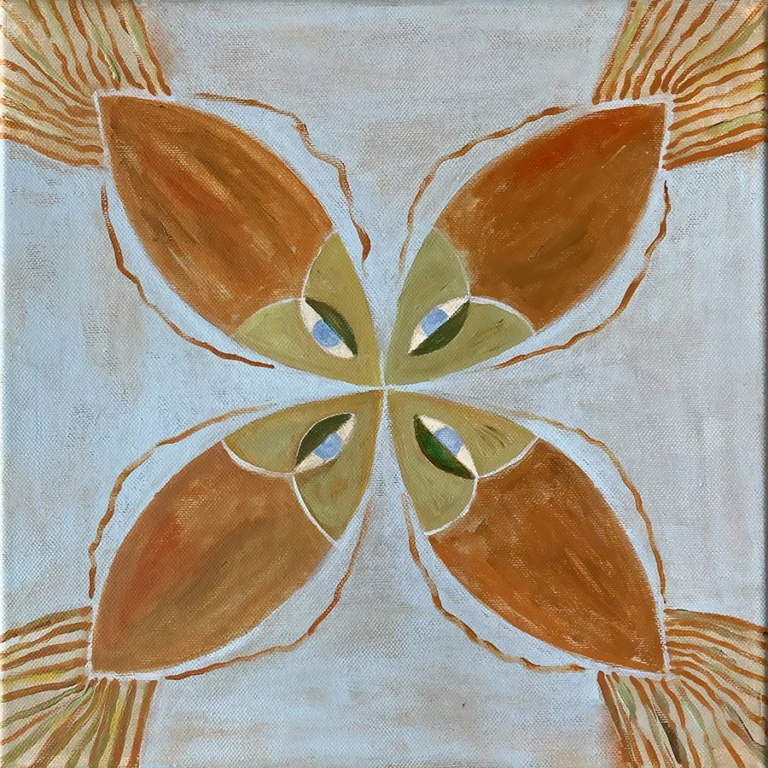 Abstract figurative painting, Pisces Blue by Jenny Atina of four symmetrical fish-like shapes in earthy tones with eye motifs inside. The design creates a harmonious, organic pattern on a muted light blue background.