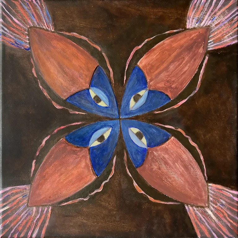 Abstract painting Pisces Brown, by Jenny Atina, of four fish-like shapes forming a symmetrical pattern. Each fish has a central blue eye, set against a dark brown background creating a mystical contemporary ambience.