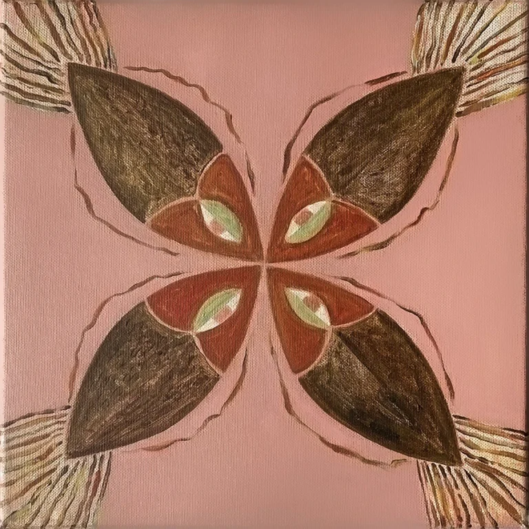 Abstract, figurative painting, pisces pink by Jenny Atina, featuring a symmetrical, fish artwork pattern. Brown, red, and green hues form four symbolic fish shapes on a pink canvas.