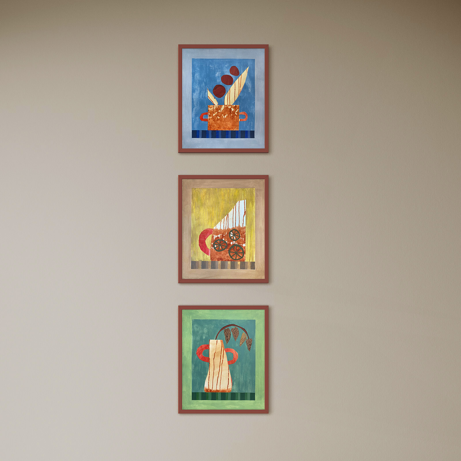 Three abstract handmade collages from the Scraps series by Jenny Atina, are vertically aligned on a gray wall. Each painting features geometric shapes in bold colors, creating a modern, artistic atmosphere.
