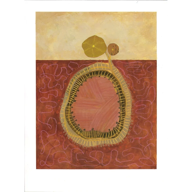 Need of Patience, playful original artwork on paper by Jenny Atina. Earthy red and yellow tones with organic, swirling graphic shapes and botanical symbolism.