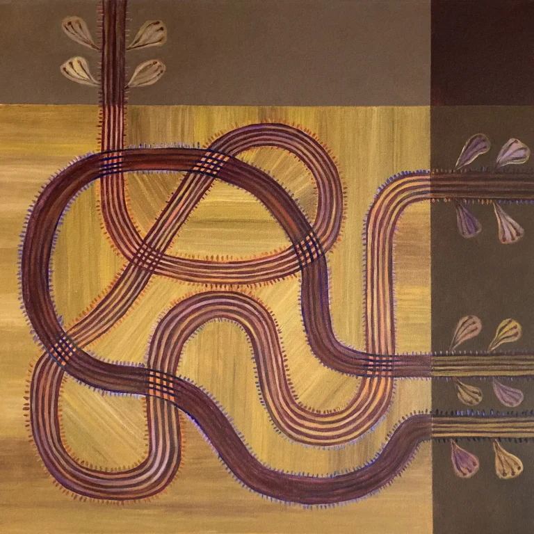 Abstract painting nonlinear by Jenny Atina with intertwining organic dark red and blue roots on a mustard and dark brown background. Contemporary artwork with Leaf shapes accentuate a woven texture.
