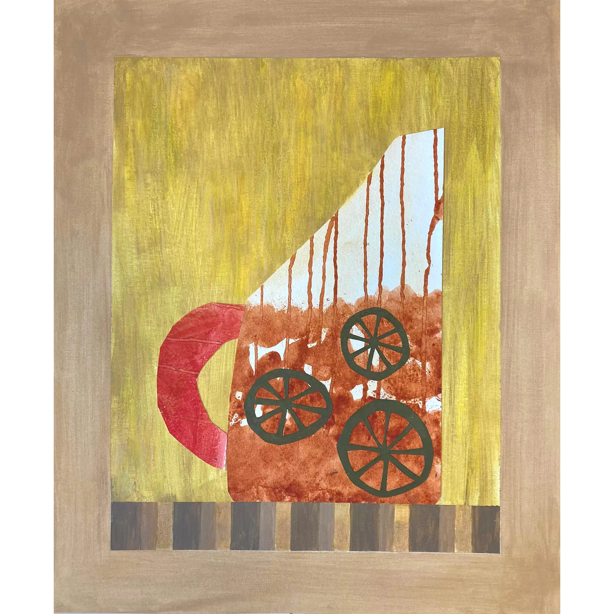 Scraps 3, original handmade collage on paper by Jenny Atina, depicts a graphic carafe filled with colourful orange lemonade, three orange slices, and a red accent handle. The background is a textured yellow with brown borders.