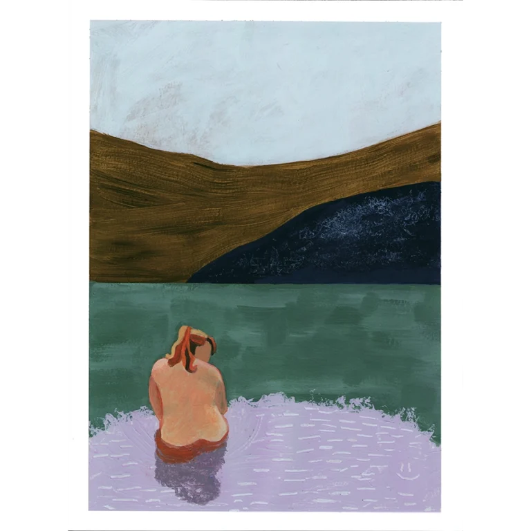 Sister, playful original artwork on paper by Jenny Atina. Figurative portrait of a woman in water against a landscape of green, brown, and purple tones with expressive brushstrokes.