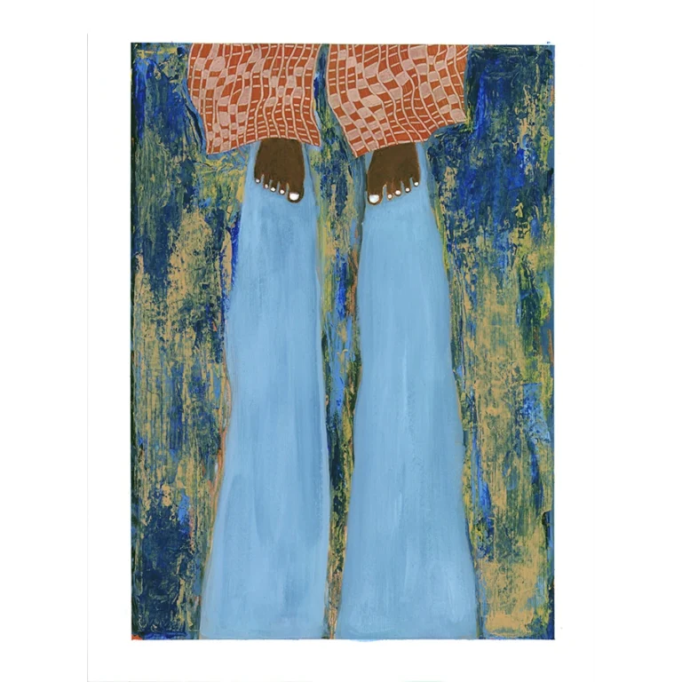 Solskugga, Playful original artwork on paper by Jenny Atina. Vibrant blue and sandy tones with graphic patterns and figurative details.
