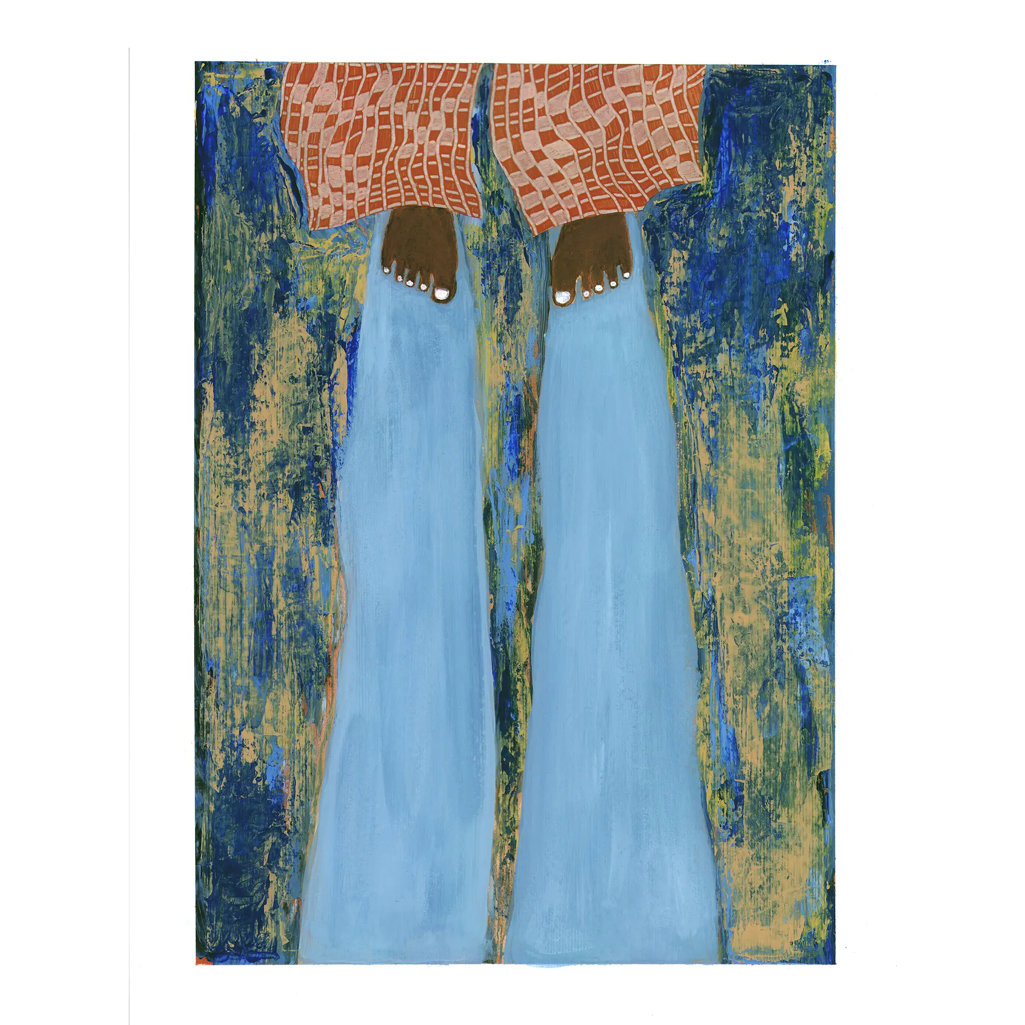 Solskugga, the abstract original artwork collage on paper by Jenny Atina, depicts red playful patterned trousers, with only the feet visible, wearing white toenail polish. A light blue elongated shadow is cast against a textured abstract background.