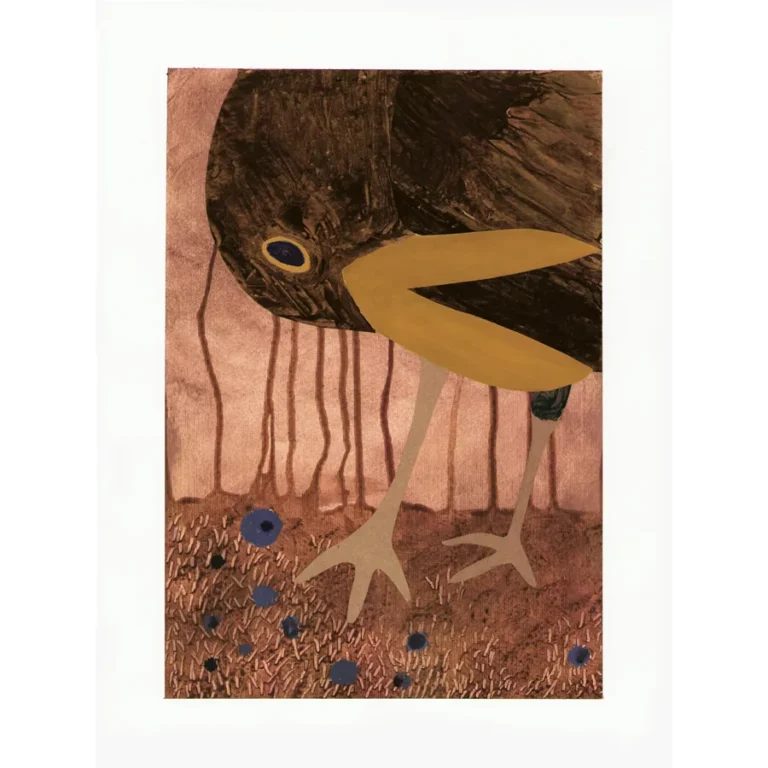 Guard of the Groove, playful original artwork and collage on paper by Jenny Atina, of a whimsical blackbird with a yellow beak and dark brown tones with earthy texture.