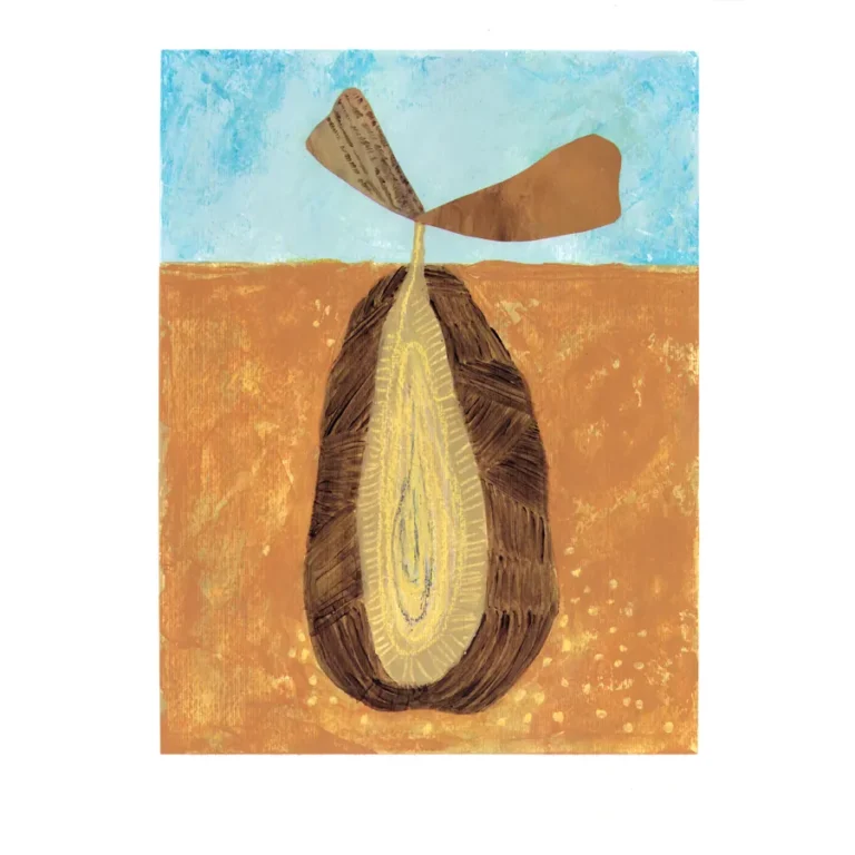 Jordad, playful original collage by Jenny Atina. A brown, textured seed-like shape rooted in a vibrant orange field under a soft blue sky.