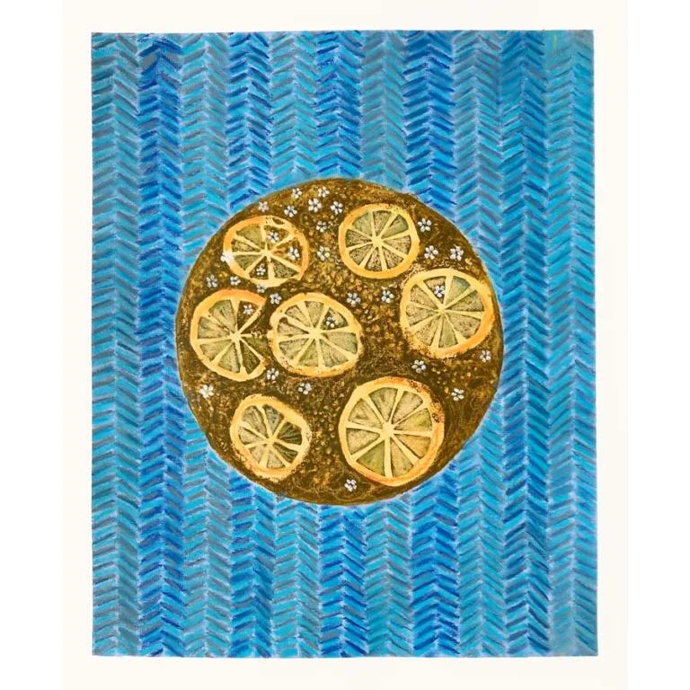 Lemonade, a playful original artwork and mixed media by Jenny Atina, depicting a textured dark green circular arrangement with vibrant lemon slices and small white elderflowers, centered on a blue background with a chevron pattern.