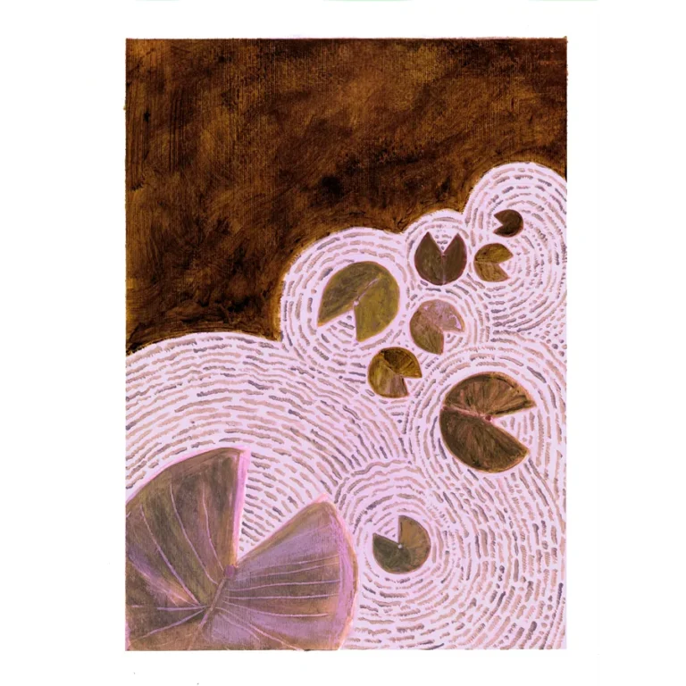 Ripples, playful original artwork on paper by Jenny Atina. Soft lilac lily pad shapes floating in rhythmic, concentric water ripples against a dark brown background.