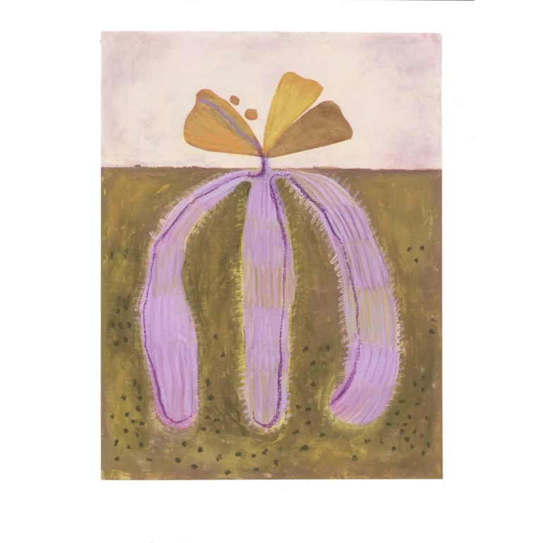 Rooted in green, playful original artwork on paper by Jenny Atina. Vibrant lilac root-shapes against a mossy green background with botanical elements and a soft pink sky.