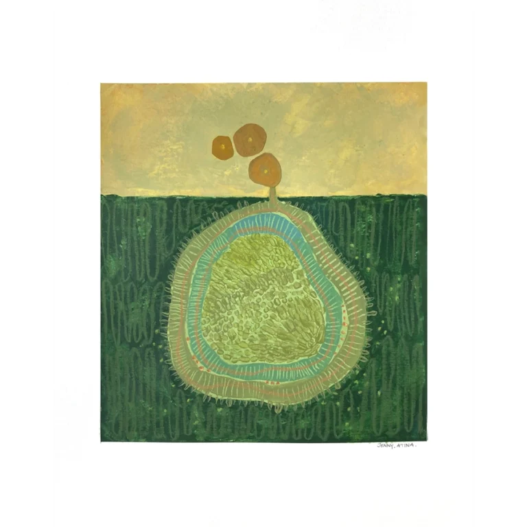Original abstract artwork by Jenny Atina featuring an organic, green seed-shape resembling a cell, with a textured surface and three small sprouting leaves, set against a green and yellow background.