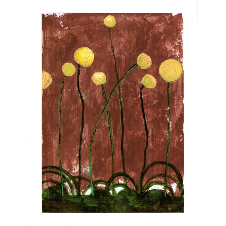 Still Motion, a playful original handmade collage by Jenny Atina. Slender green stems with vibrant yellow globes rising from dark green hills against a textured earthy red background.