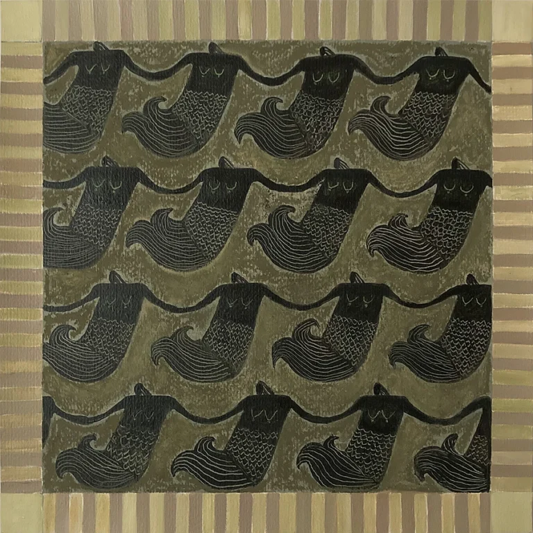Original artwork United Mermaids by Jenny Atina, featuring a rhythmic pattern of black mermaids holding hands in a collective sisterhood, surrounded by a striped earth-toned border against a green background.