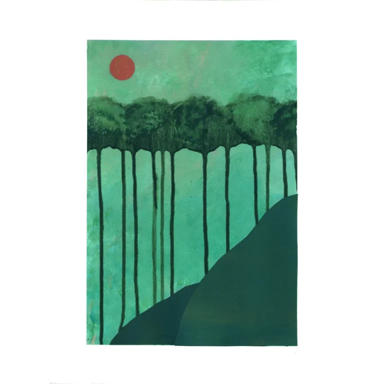 Vertical Echoes, playful original artwork on paper by Jenny Atina. Vibrant green landscape with a red sun, featuring dark vertical dripping effects and graphic hills.