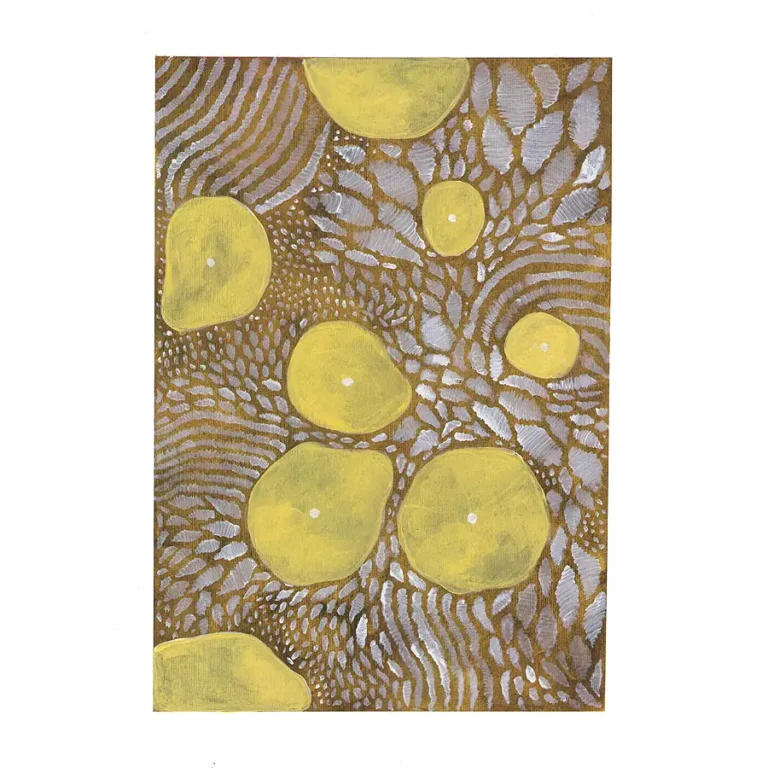 Yellow Movement, playful original artwork on paper by Jenny Atina. Vibrant yellow circular shapes with white centers on a textured grey and ochre background with rhythmic patterns.