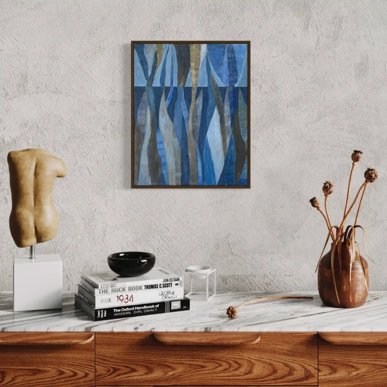 Original abstract painting, In Between, by Jenny Atina, displayed in a frame on a textured concrete wall, styled in a minimalist interior with a marble counter and sculpted art.