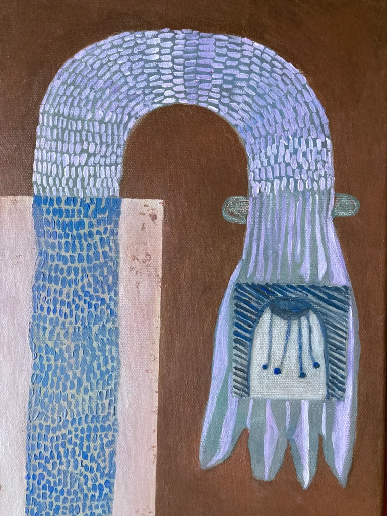 Close-up of the original painting Winter Lilies by Jenny Atina, featuring a rhythmic arched pattern and textured brushstrokes in light purple and blue against a deep brown and soft pink background.