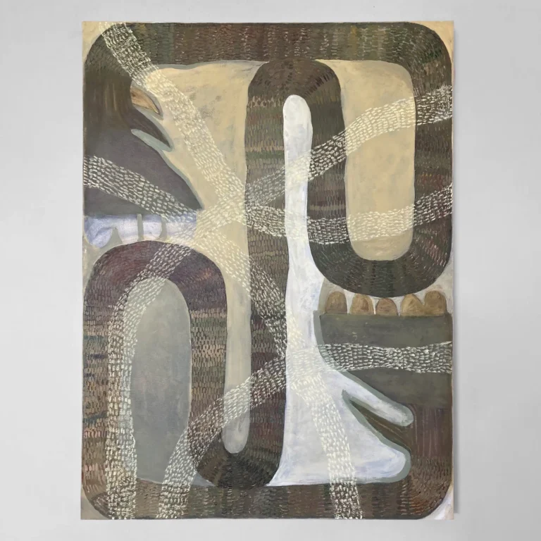 Abstract painting 'Body of Passages' by Jenny Atina, featuring overlapping, textured organic bothanical shapes in earthy tones of green and brown, accented by white and ochre background.