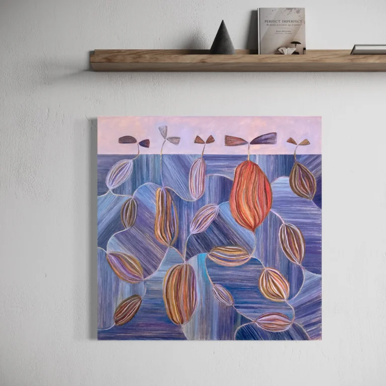 Abstract painting Mother of Earth by Jenny Atina, featuring flowing blue and purple lines with seed-like shapes in earthy tones. Exhibits a calm, organic feel; displayed on a wall in a modern interior setting.