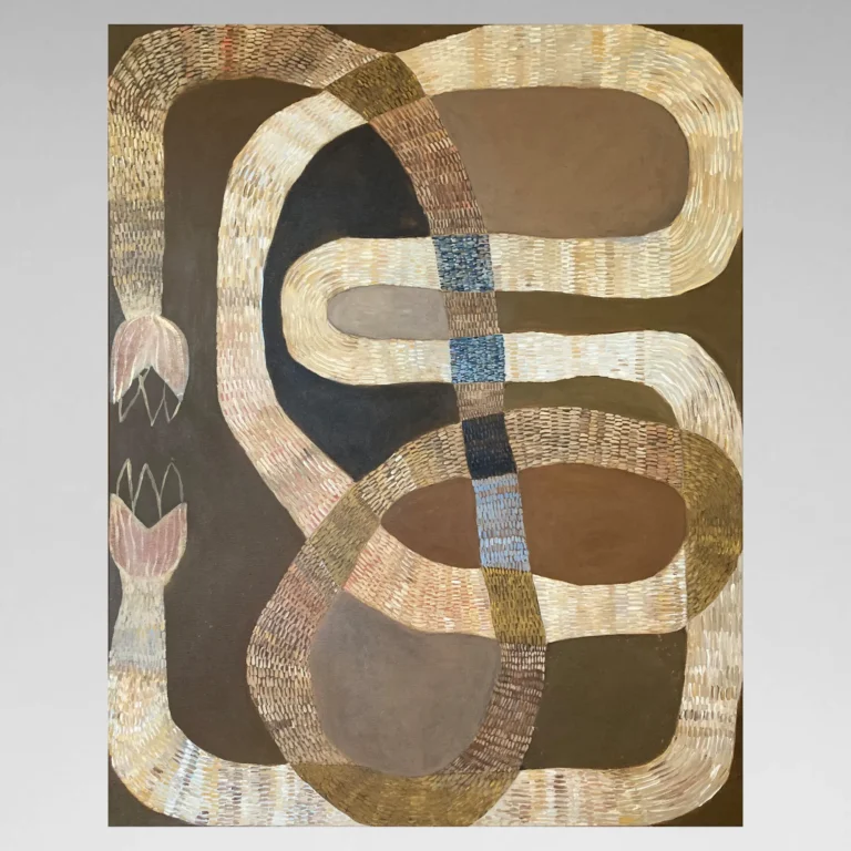 Abstract painting Open-ended Rite, showing winding organic cream and ochre patterns that meet in tulip-like forms, accented with blue and yellowish textures against a deep brown background.